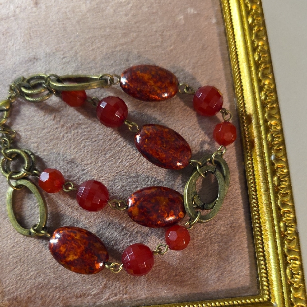 Vintage Premier Design Red And Antique Gold Beaded Bracelet